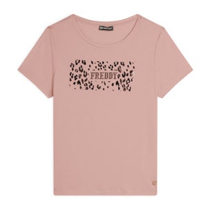 T-shirt donna in jersey di viscosa con stampa oro rosa