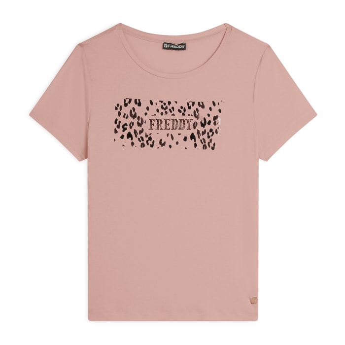 T-shirt donna in jersey di viscosa con stampa oro rosa