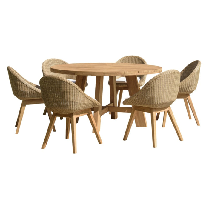 KALLY - Ensemble de jardin, table ronde en bois teck recyclé et rotin synth. 6 pers