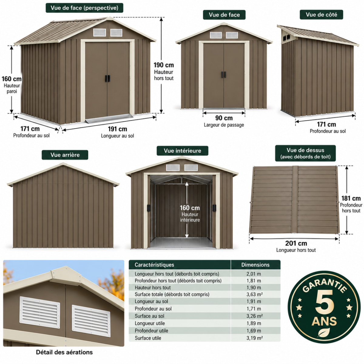 Abri de jardin métal gris/vert 3,26 m² + kit d'ancrage