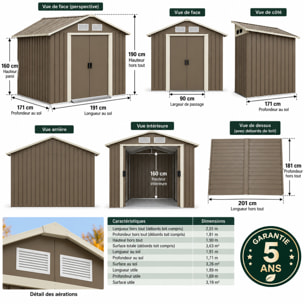 Abri de jardin métal gris/vert 3,26 m² + kit d'ancrage