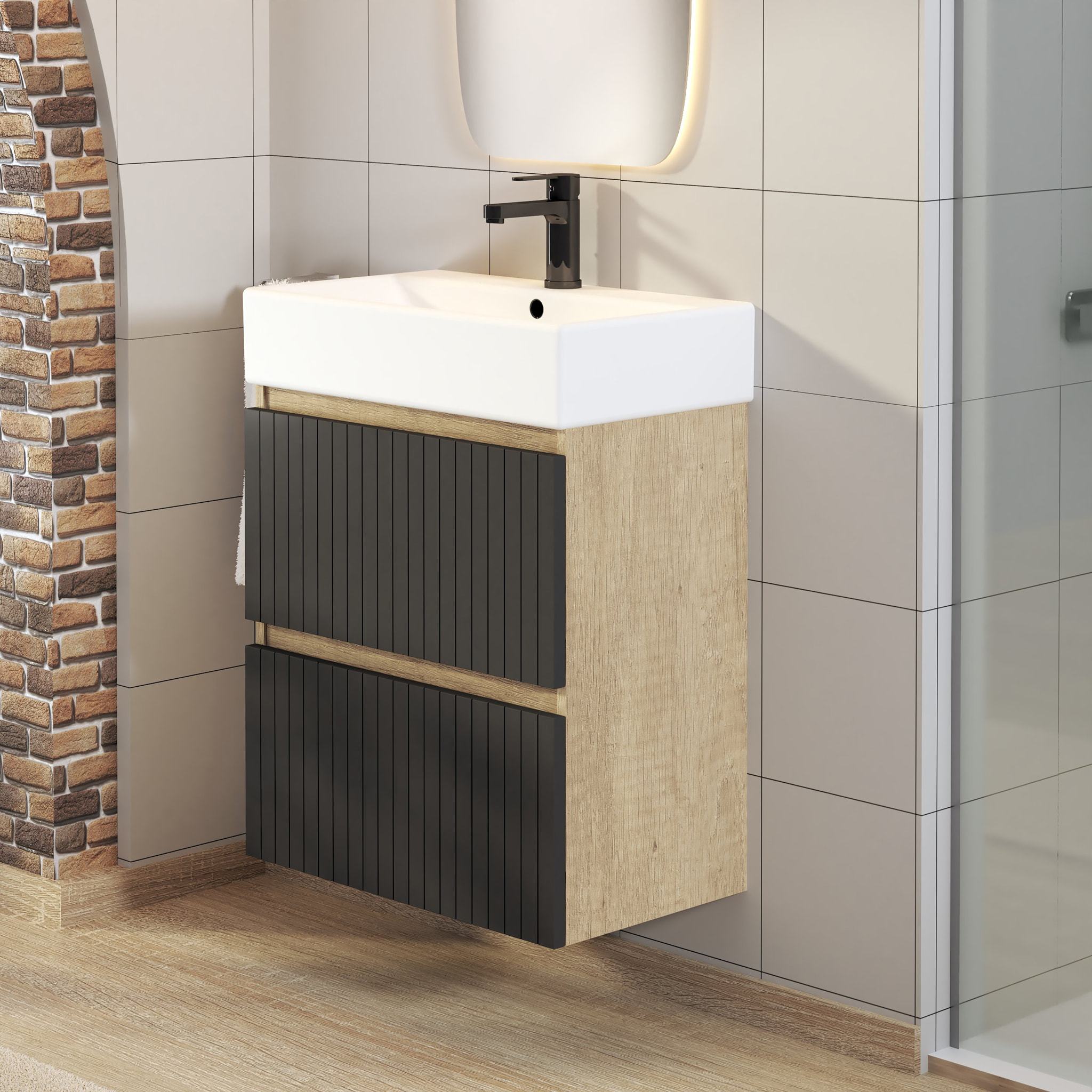 Ensemble de Salle de Bain Zel | Meuble Suspendu | 60 cm Noir | Deux Tiroirs | Lavabo Encastré | Miroir non inclus | Meuble Monté | Alday