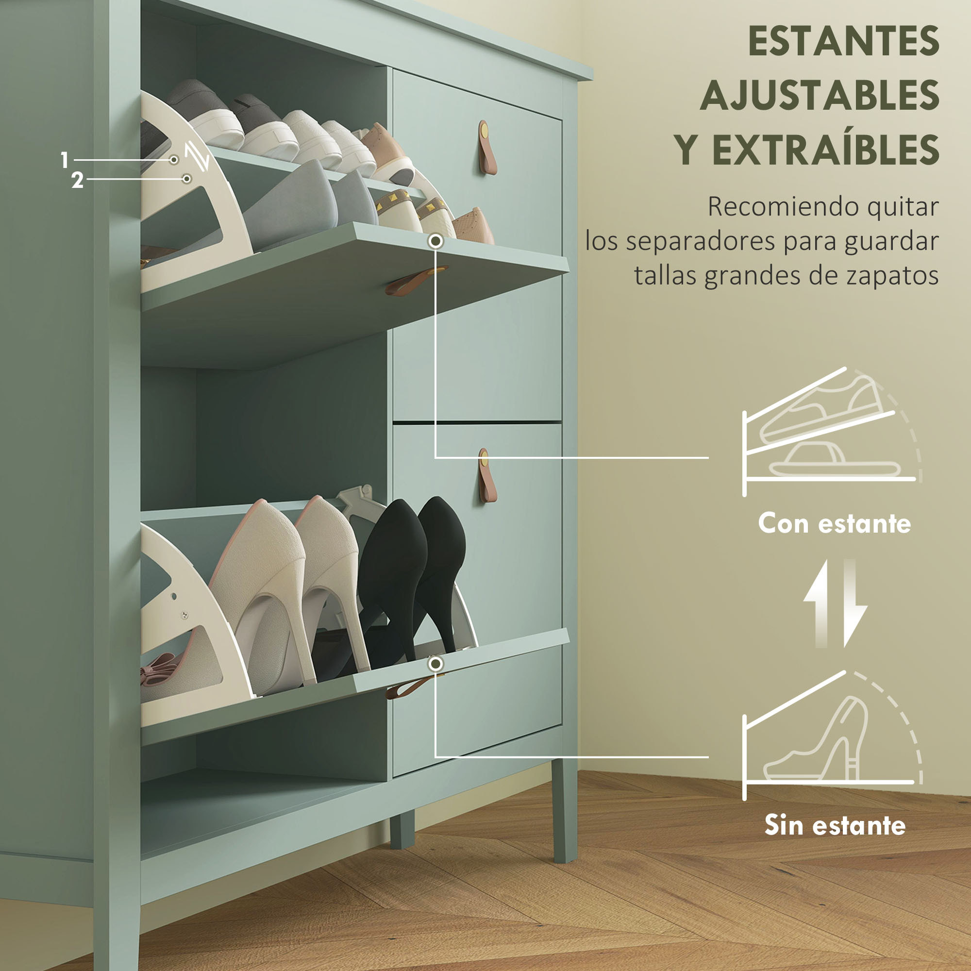 Zapatero Estrecho 4 Puertas, Zapatero Entrada Recibidor, Estantes Ajustables, Tiradores de PU, para 20 Pares de Zapatos, para Pasillo, Espacios Reducidos, 105x24x95,5 cm, Verde Claro