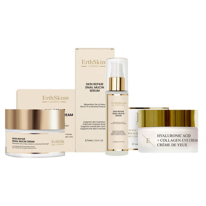 Crema reparadora de baba de caracol + sérum de baba de caracol + crema contorno de ojos antiedad
