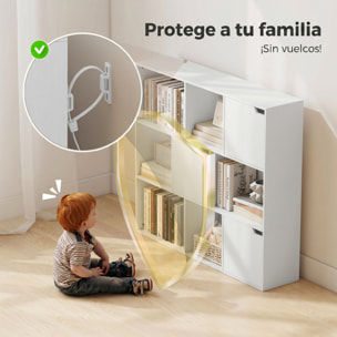 Estantería de 9 Cubos, Librería de 3 Niveles con 3 Puertas y 6 Compartimentos Abiertos, Estilo Moderno, para Dormitorio, Salón, Estudio u Oficina, 106x24x95 cm, Blanco
