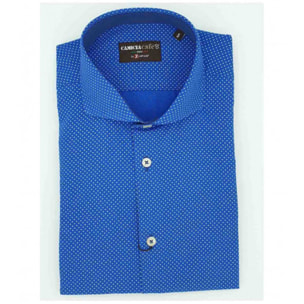 Camicia Uomo 1 Bottone Francese Slim Cotone Poliestere Stampato Blu Inchiostro\Bianco