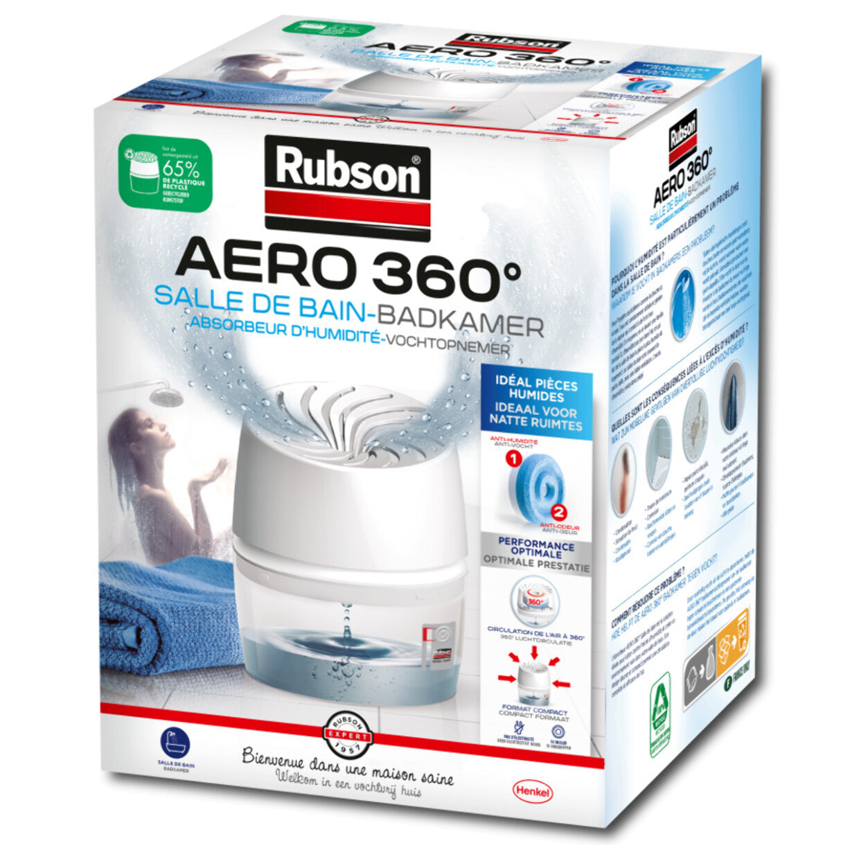 Absorbeur d'Humidité spécial Salle de Bain (inclus 1 recharge) et 6 recharges en tabs neutres pour l'absorbeur d'humidité.