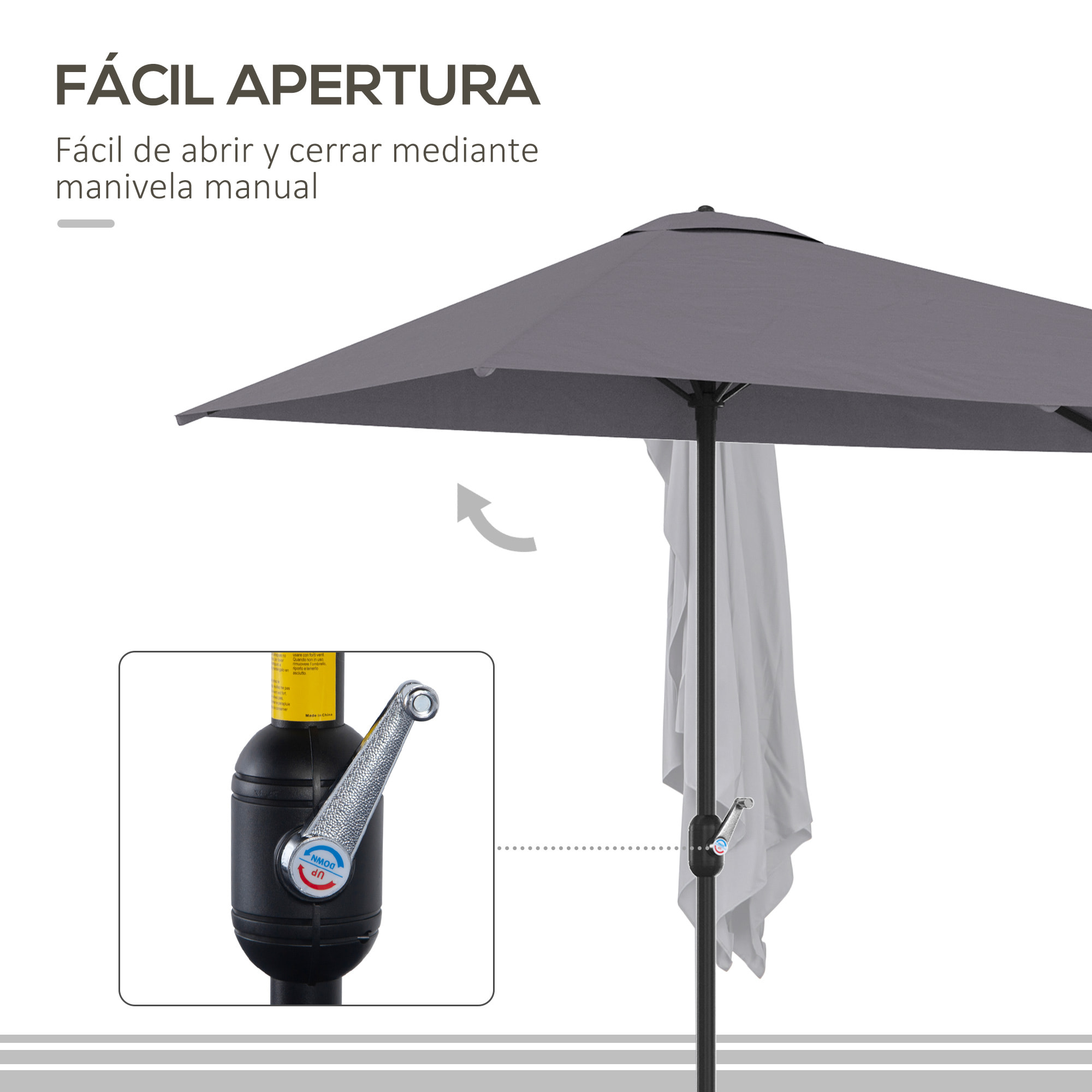 Outsunny Sombrilla Semicircular 230x130x245 cm Parasol Pared con Manivela Gris