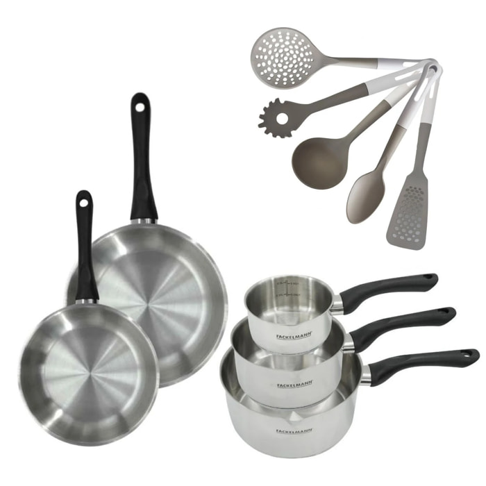 Lot de 2 Poêles et Casseroles 12/16/20 cm Fackelmann Geneva avec 5 ustensiles Vario