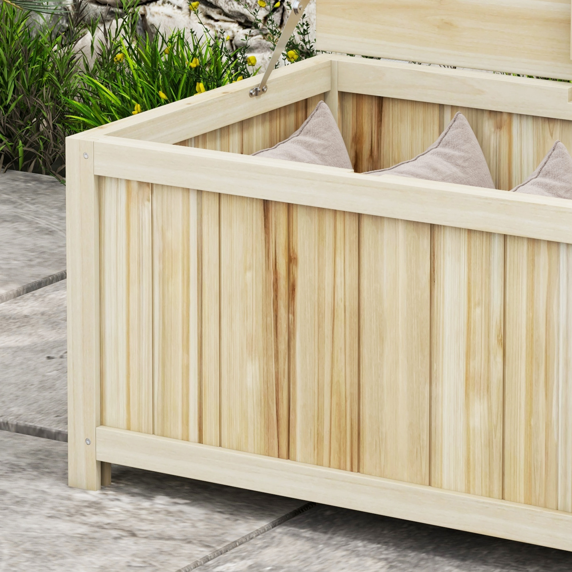 Arcón Exterior de Madera, 172 L, Baúl Almacenaje Exterior con Tapa Abatible, Resistente a la Intemperie, para Jardín, Terraza, Patio, 120x55x45 cm, Madera Natural