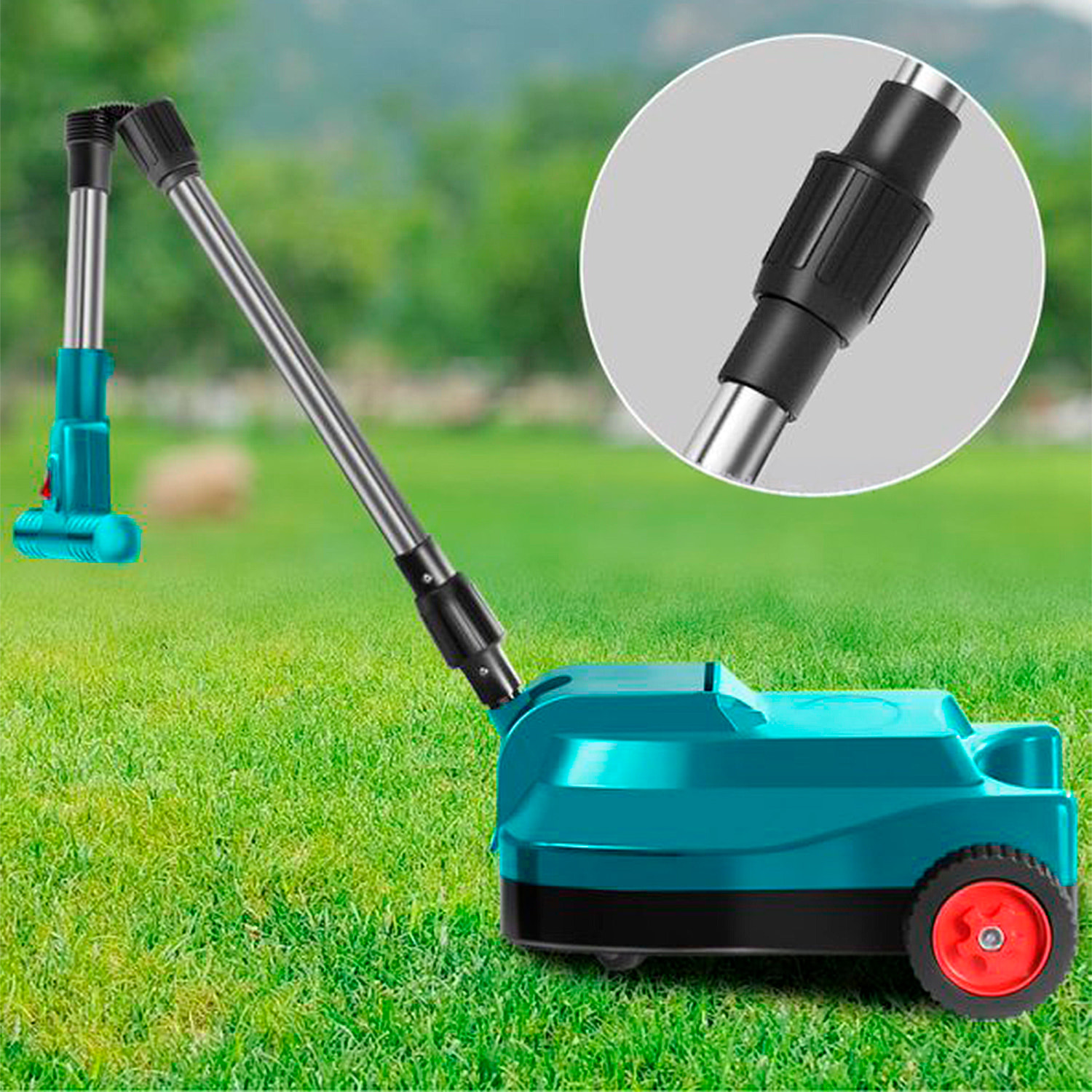 Tosaerba elettrico 21V con lama a 1.300rpm, due batterie ricaricabili da 15.000mAh, manico regolabile e tre livelli di altezza delle ruote.