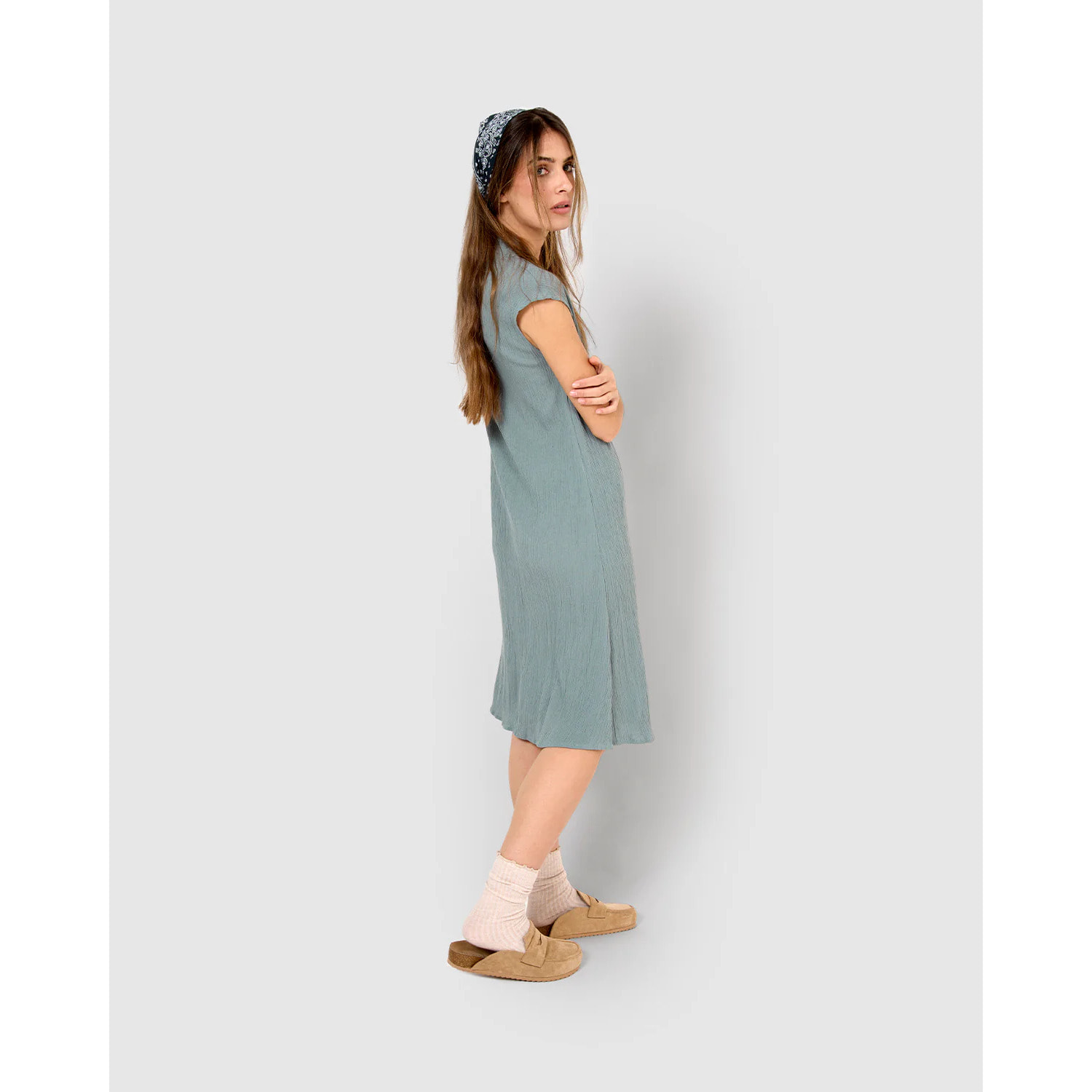 Vestido corto algodón lino verde azulado