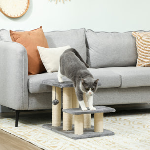 Escalier pour chat 3 marches - 6 poteaux griffoirs, jeu boule suspendue - sisal peluche gris