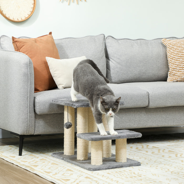 Escalier pour chat 3 marches - 6 poteaux griffoirs, jeu boule suspendue - sisal peluche gris