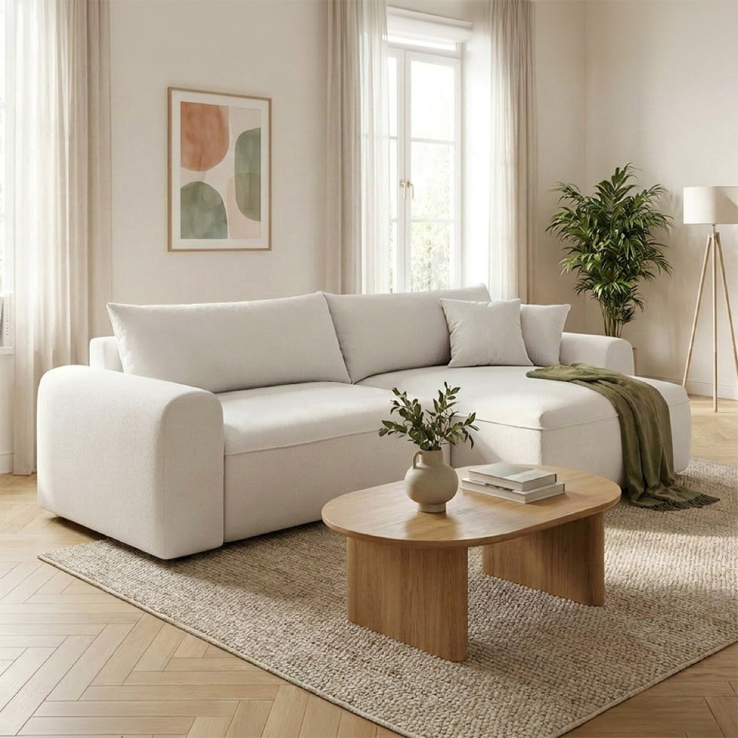 Canapé d'angle convertible beige 4 places tissu bouclé + coffre OLIZE