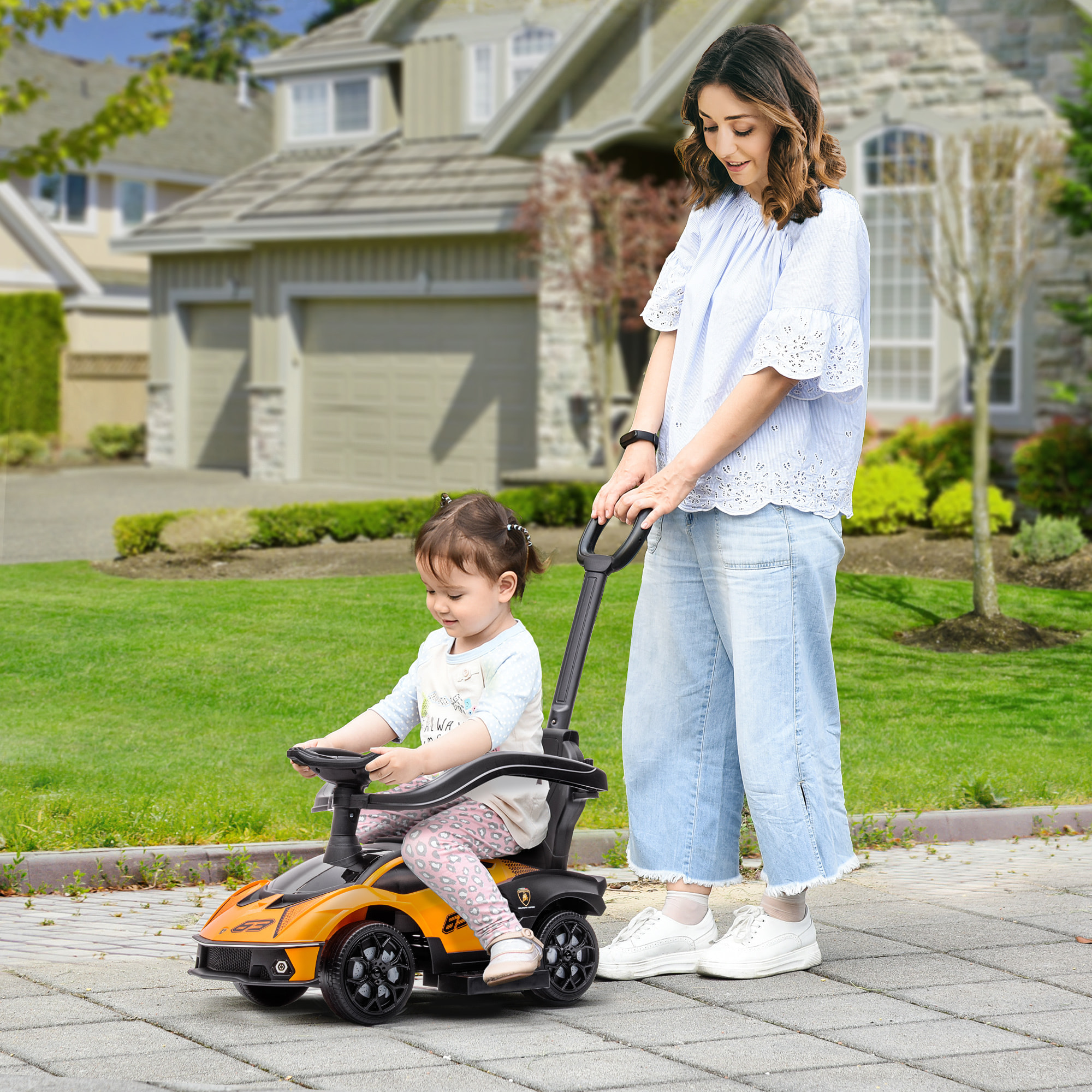 2 en 1 Coche Correpasillos para Niños 12-36 Meses Lamborghini Essenza SCV12 Andador Empujador con Bocina Mango de Empuje y Barandilla Extraíbles 86,5x40x89,5 cm Naranja y Negro