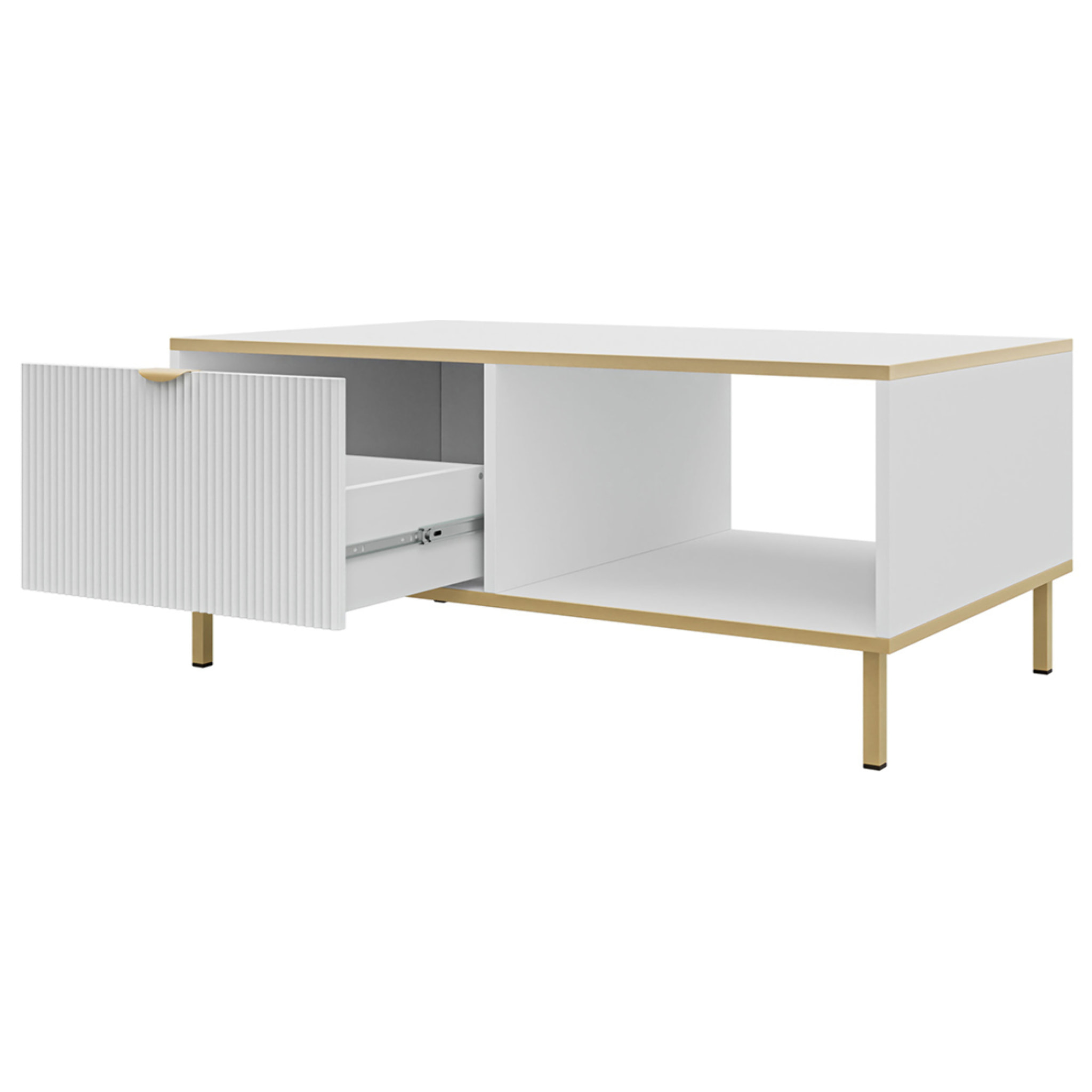 Hope - table basse 100 cm - 1 tiroir et 1 niche - Blanc / Doré