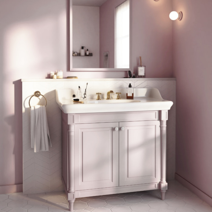 Pack meuble vasque 3 trous Cléo 1889 rose velours + mélangeur croisillons or