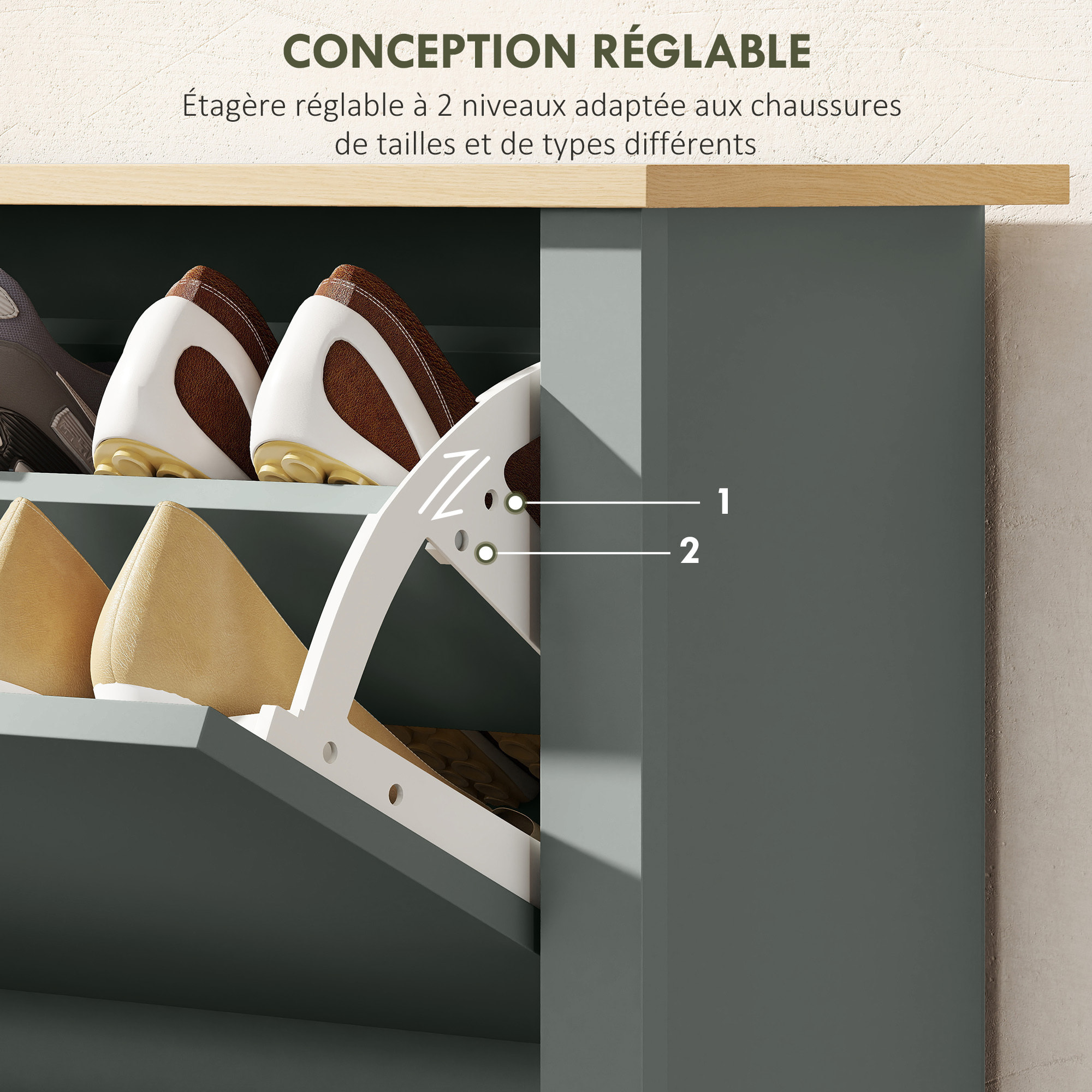 Armoire à chaussures 2 portes abattantes 2 compartiments gris clair naturel