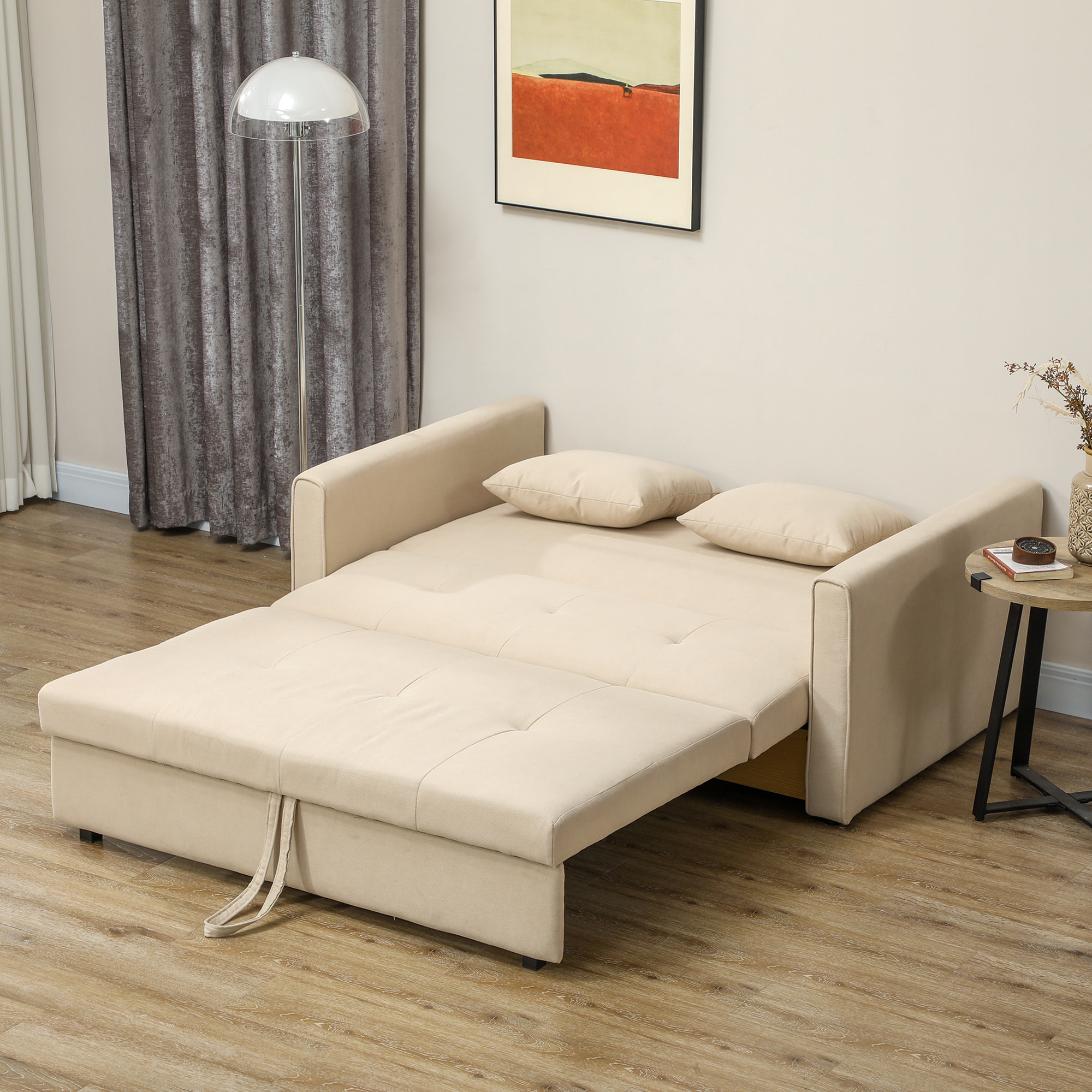 Sofá Cama de 2 Plazas Sofá Cama Tapizado en Poli Algodón con 2 Cojines Desmontables y Espacio de Almacenamiento Sofá Doble para Salón Oficina 152x101x81 cm Beige