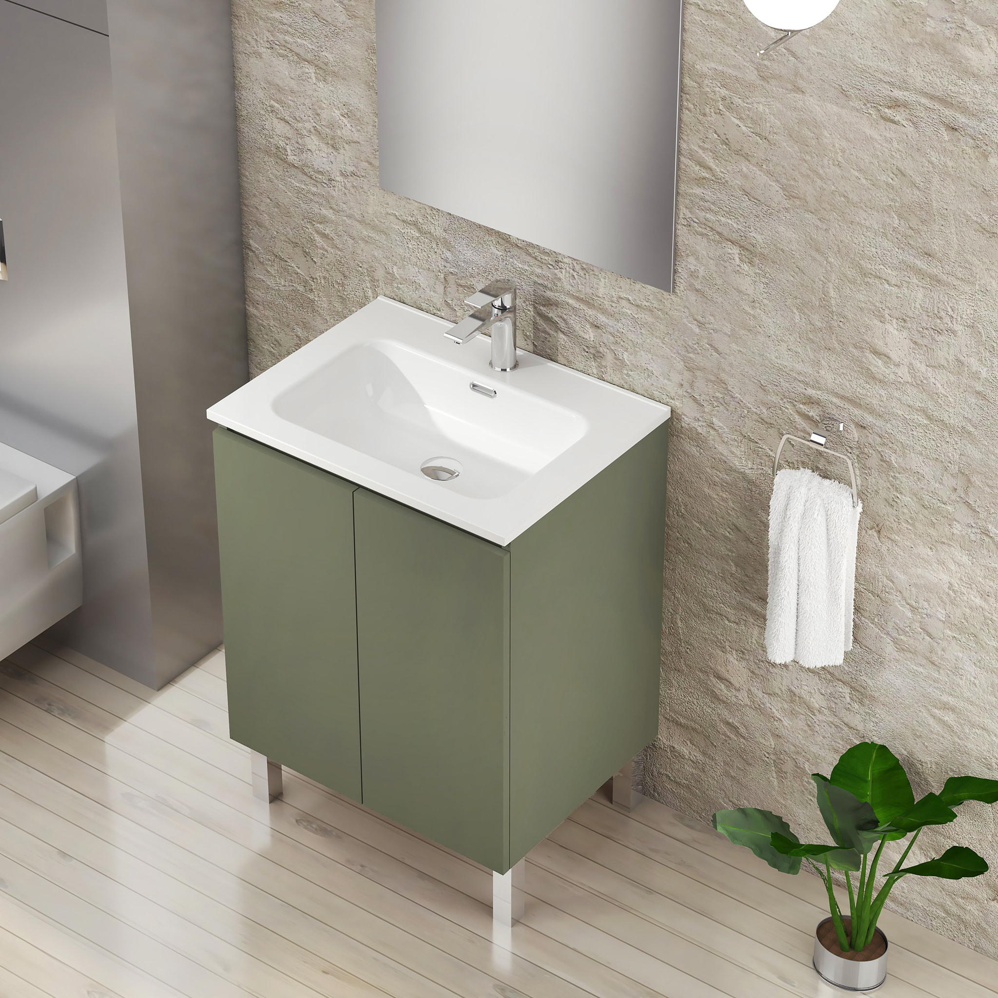 Ensemble de Salle de Bain Lust | 60 cm Vert | Deux Portes | Lavabo Encastré | N'inclut pas le Miroir | Meuble Assemblé | Alday