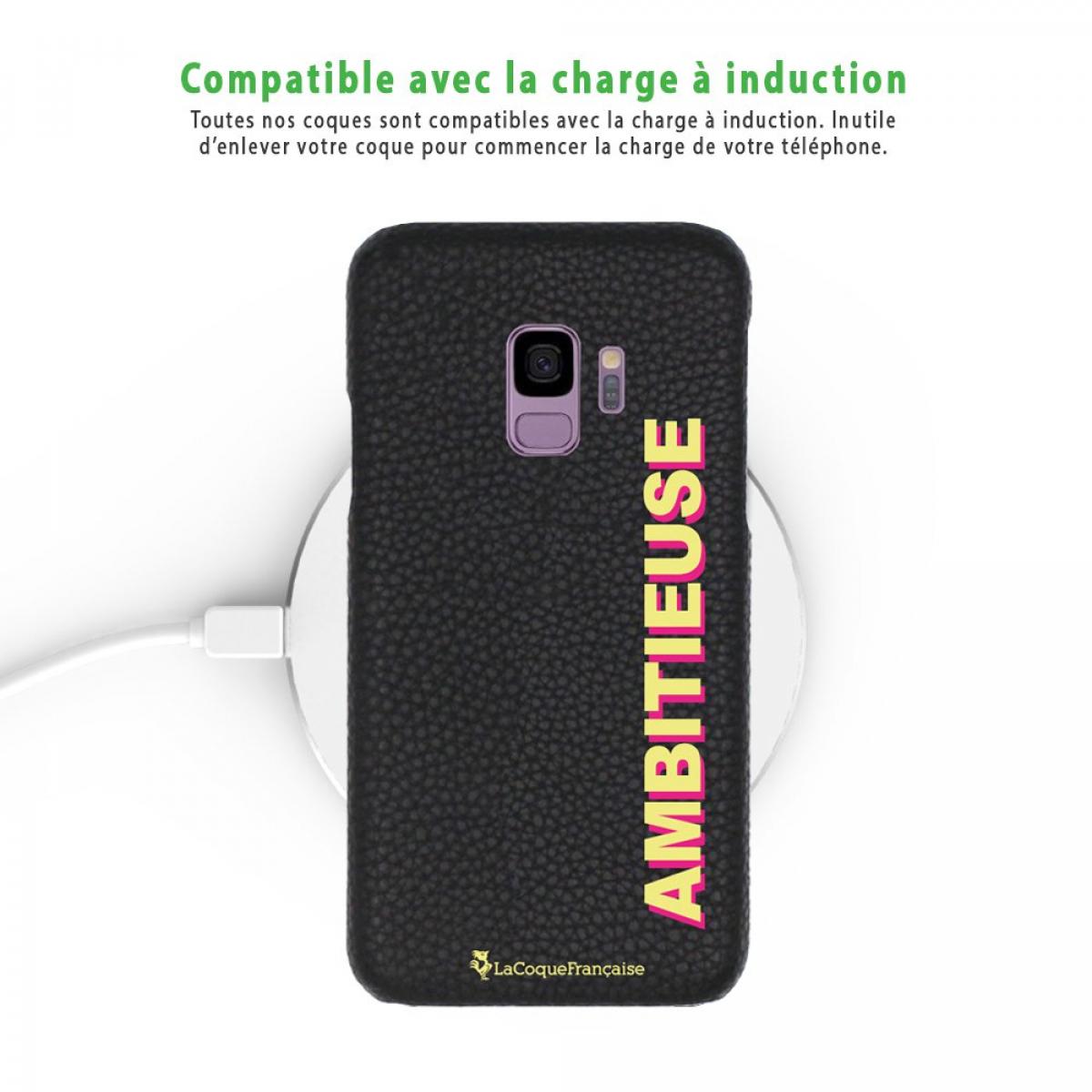 Coque Samsung Galaxy S9 effet cuir grainé noir Ambitieuse jaune et fushia Design La Coque Francaise