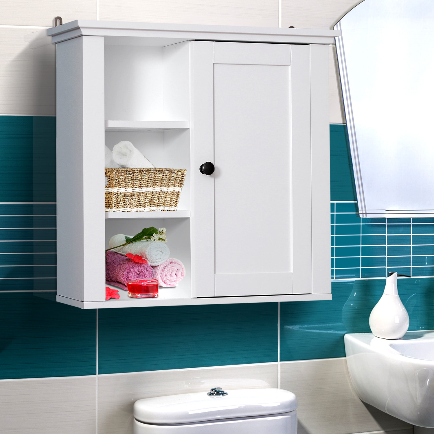 Armoire haute murale de salle de bain ou WC placard 1 porte 3 niches dim. 53L x 14,5l x 50,5H cm MDF panneaux particules blanc