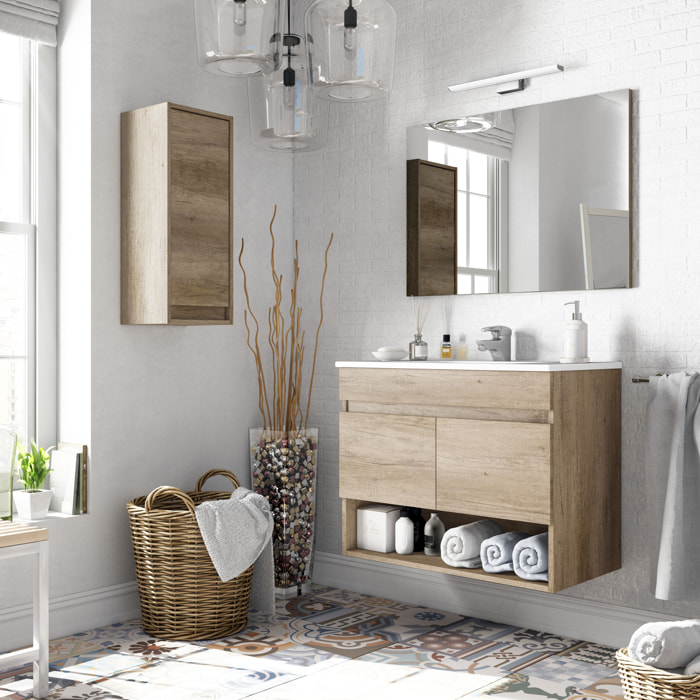Mobile Mobiletto Bagno Sospeso Legno Con 2 Ante Ripiani e Vani Aperti Lavabo In Ceramica Con Specchio Design Moderno Nordico 80 x 45 x 64 Cm Rovere