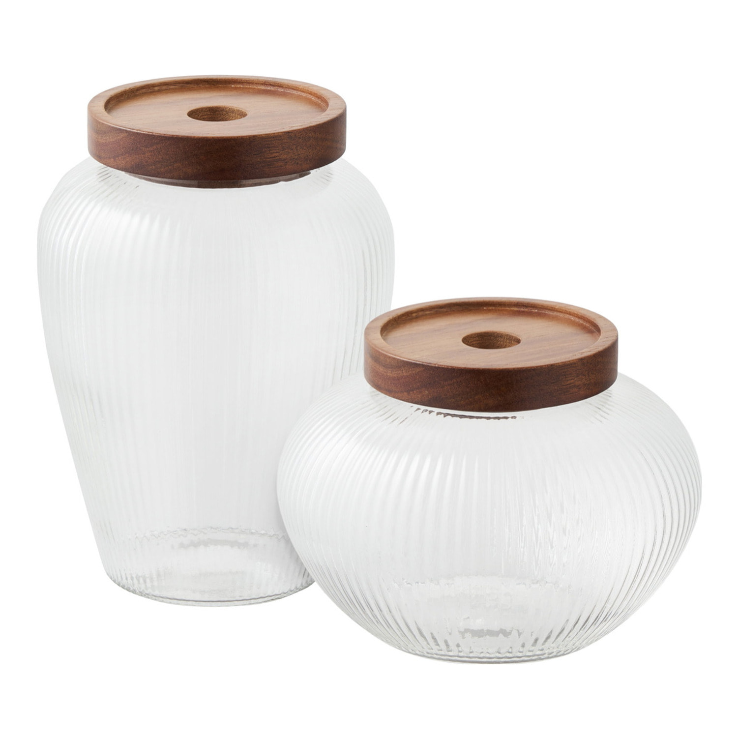 Barattoli Maya in vetro costolato e acacia — set da 2