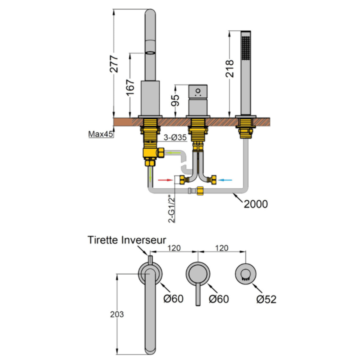 Mitigeur bain douche mécanique 3 trous + douchette 1 jet PAINI Cox noir mat