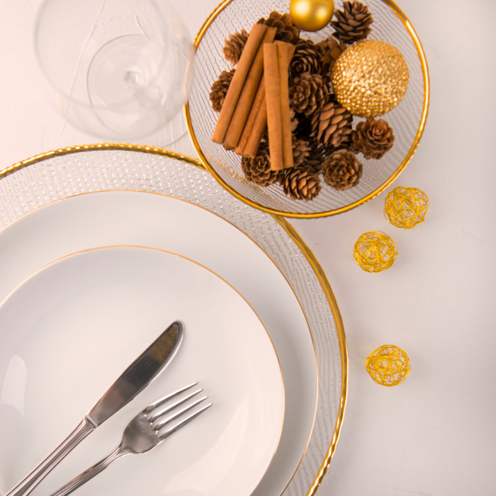 Service 18 assiettes Excelsa Gold, porcelaine, blanc et or