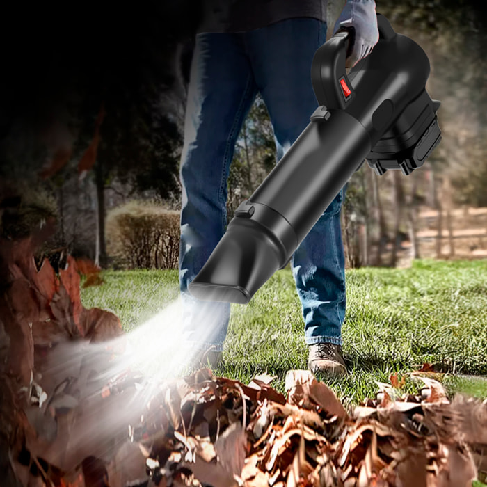Soplador turbo con asa 21V, 1050W y 15000 mAh. Con 3 boquillas diferentes.