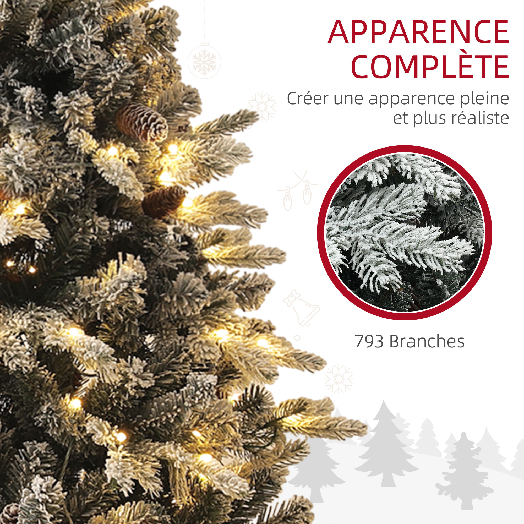 Sapin de Noël artificiel LED enneigé H. 180 cm - 200 LEDs blanc chaud, 793 branches - vert blanc