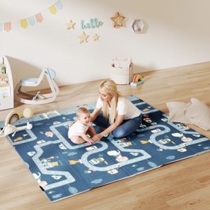 Tapis de jeu - tapis enfant pliable réversible - dim. 202 x 180 cm ép. 1 cm - circuit animaux
