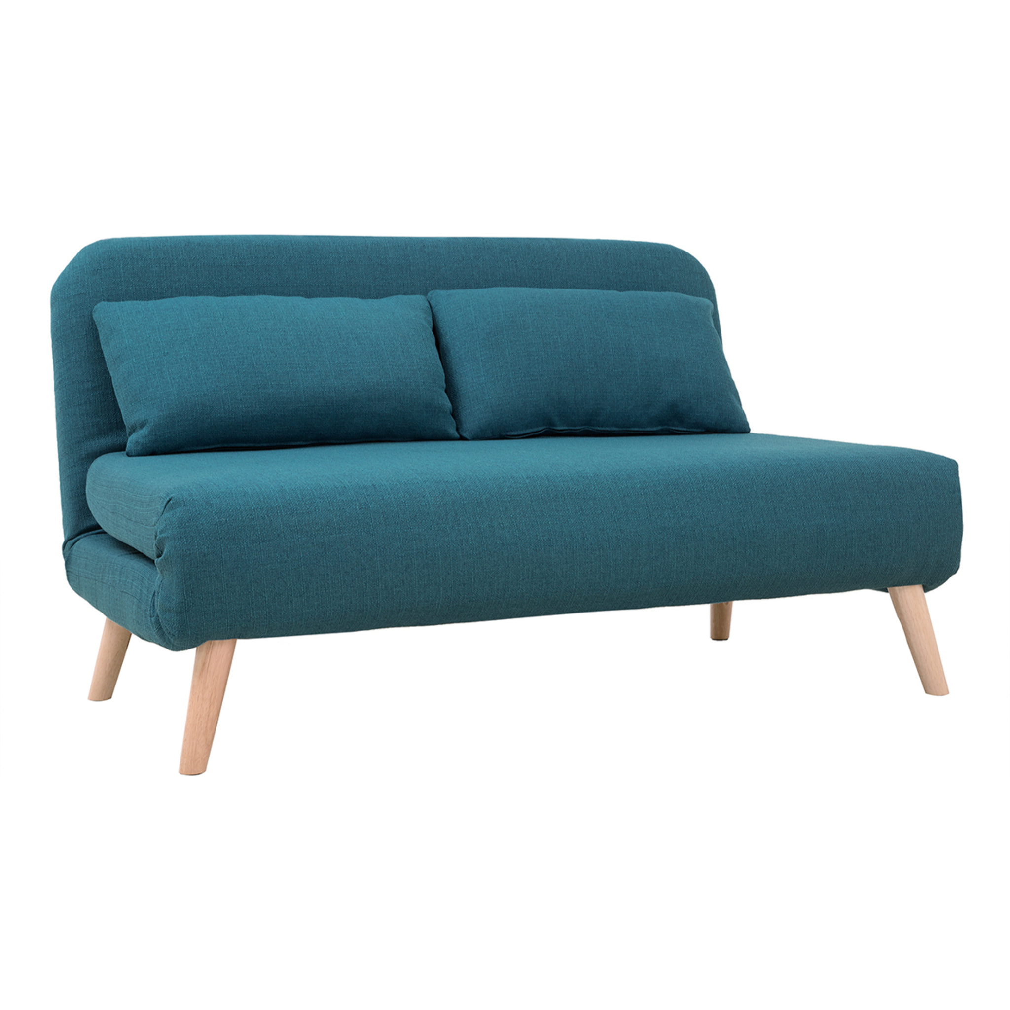 Chauffeuse 2 places convertible en tissu bleu canard et bois clair AMIKO