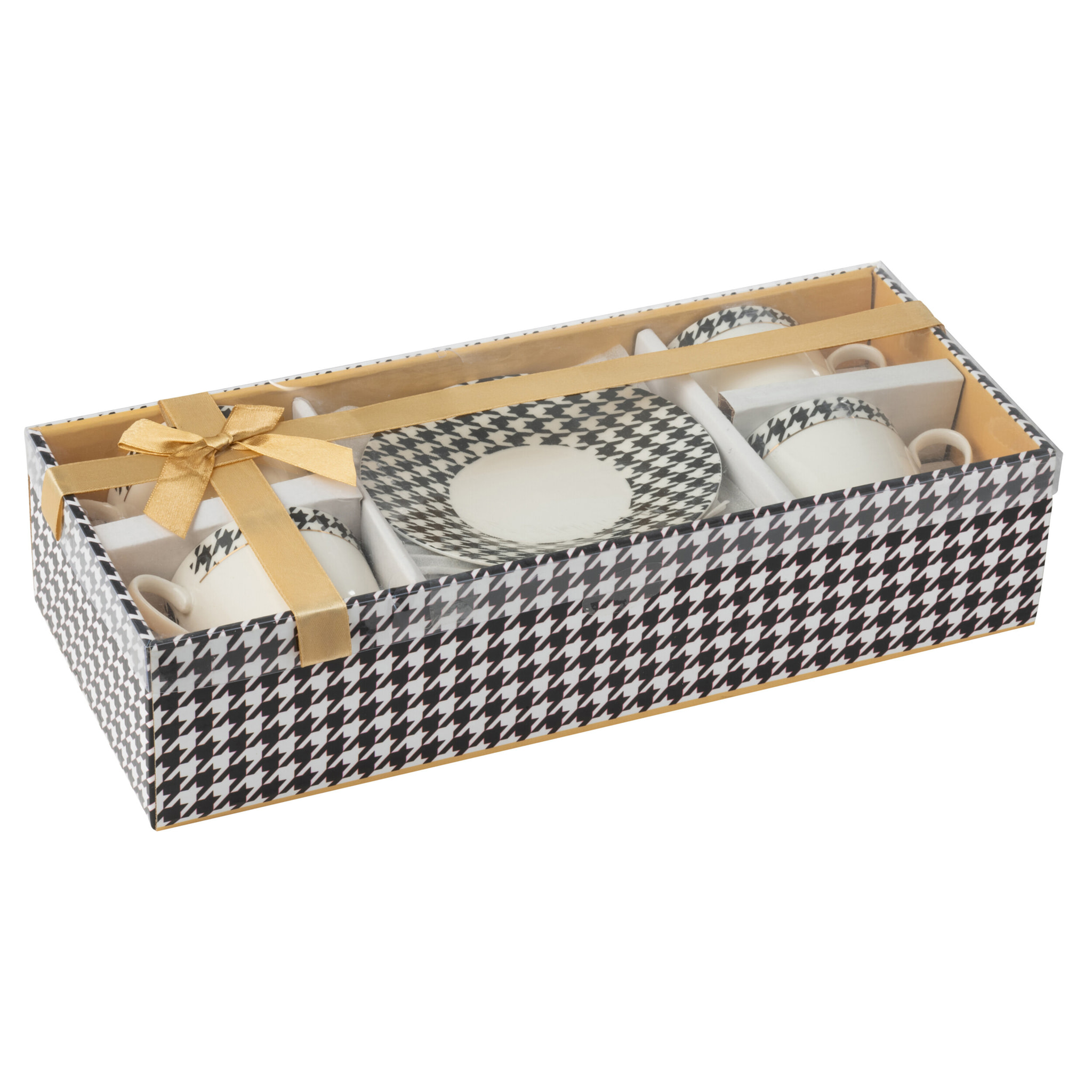 J-Line tasse + sous-tasse Pied-Poule - porcelaine - blanc/noir  - boite de 4