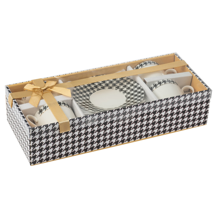 J-Line tasse + sous-tasse Pied-Poule - porcelaine - blanc/noir  - boite de 4