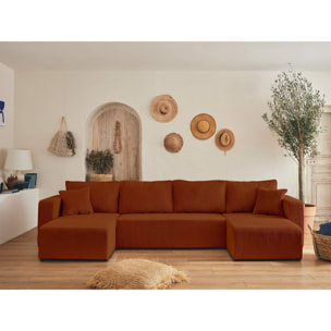 Topaze - canapé panoramique en U - 7 places - convertible avec coffre - en velours côtelé - Terracotta