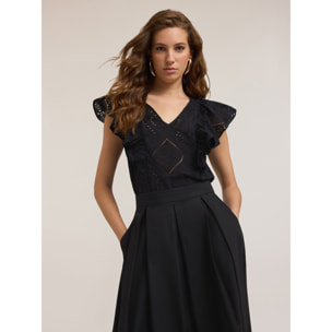 Motivi - Blusa de encaje inglés con volante - Negro