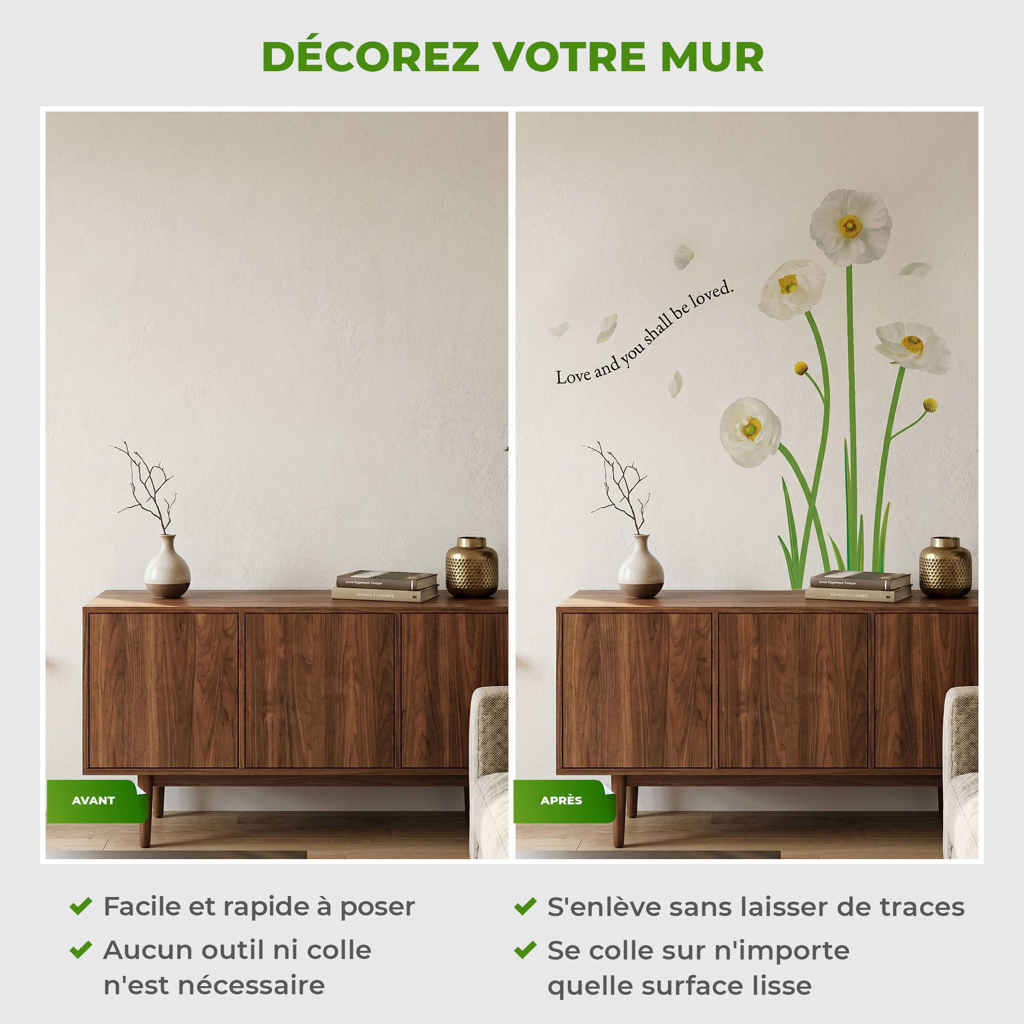 Stickers Muraux décoration adhésifs Fleurs pavots blanches