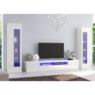 Parete attrezzata da soggiorno modulare, Made in Italy, Base porta TV e pensili, Set salotto moderno, cm 300x40h162, colore Bianco lucido