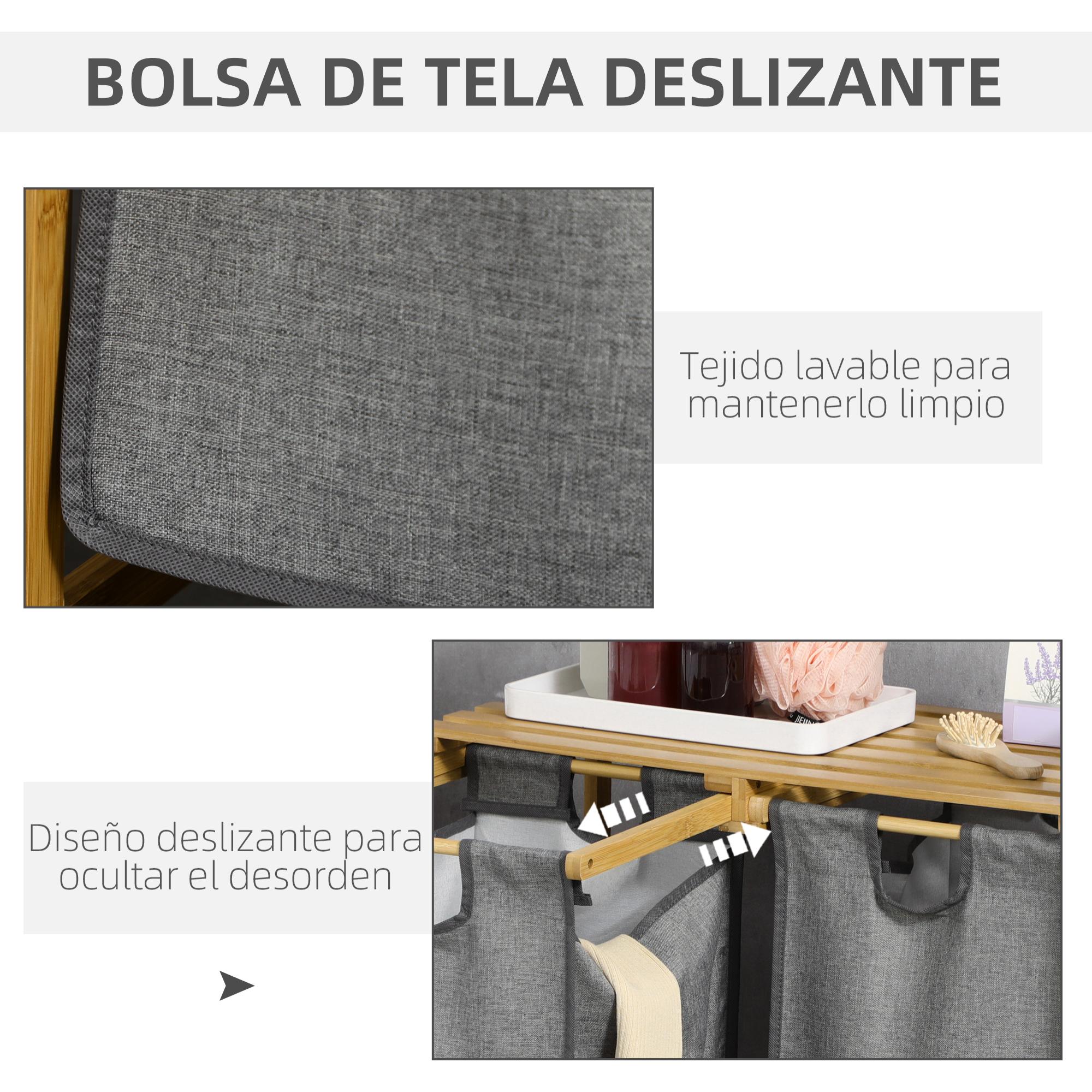 Cesto de Ropa Sucia de Bambú Cesto para la Colada Cesta de Lavandería con 2 Bolsas Extraíbles y Estante para Dormitorio Baño Lavadero 63,5x33x73 cm Natural y Gris