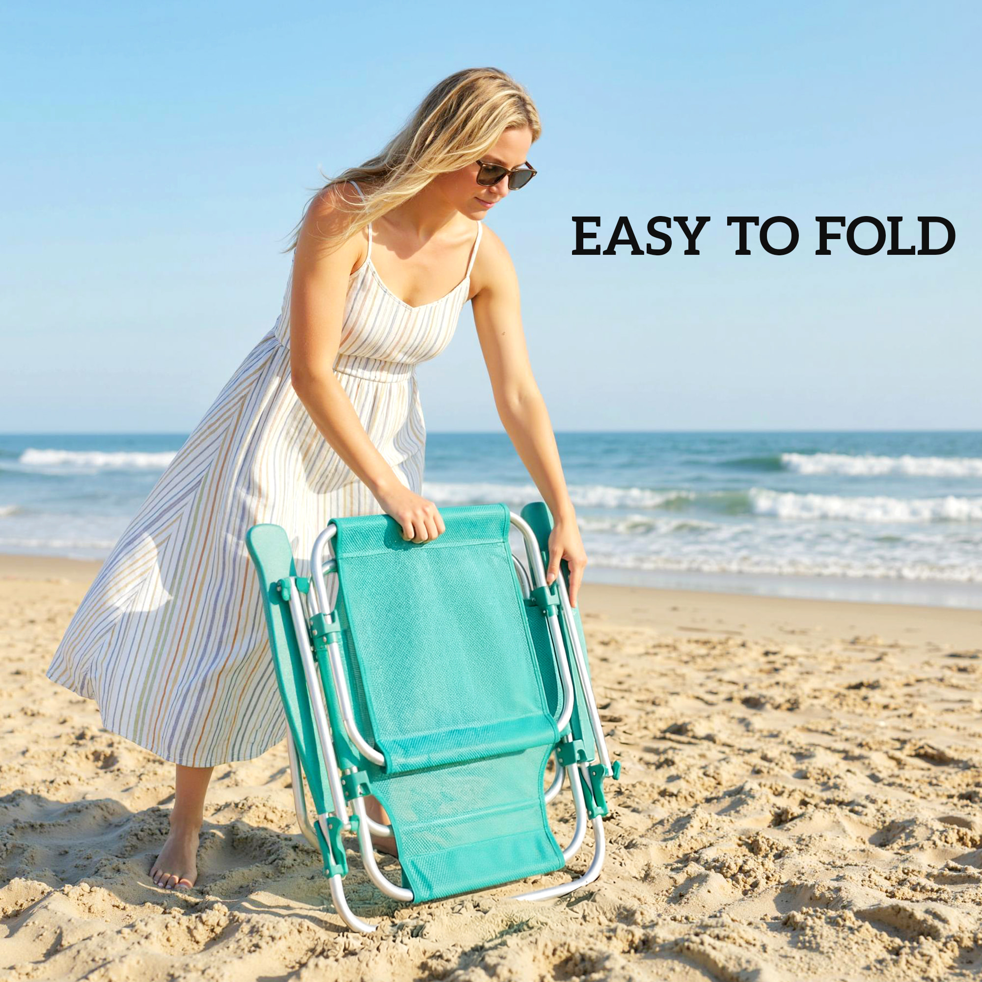 Chaise de plage pliable inclinable avec pare-soleil turquoise