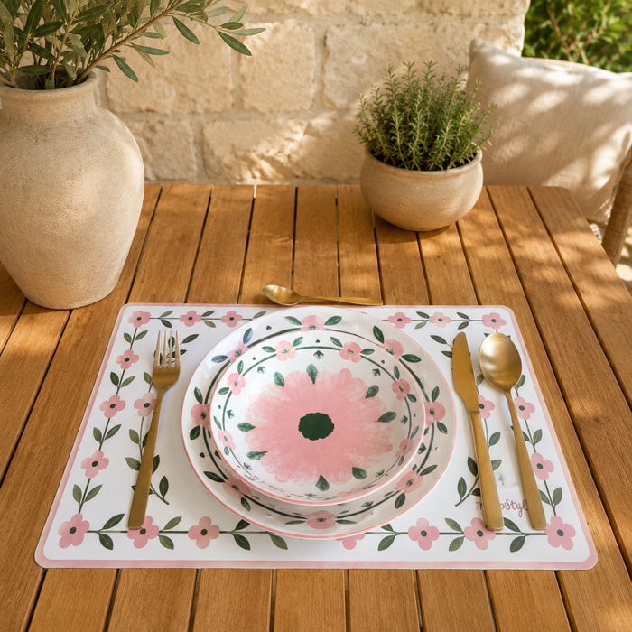 Lot de 6 assiettes creuses 20cm en porcelaine blanc et rose floral PRIMAVERA