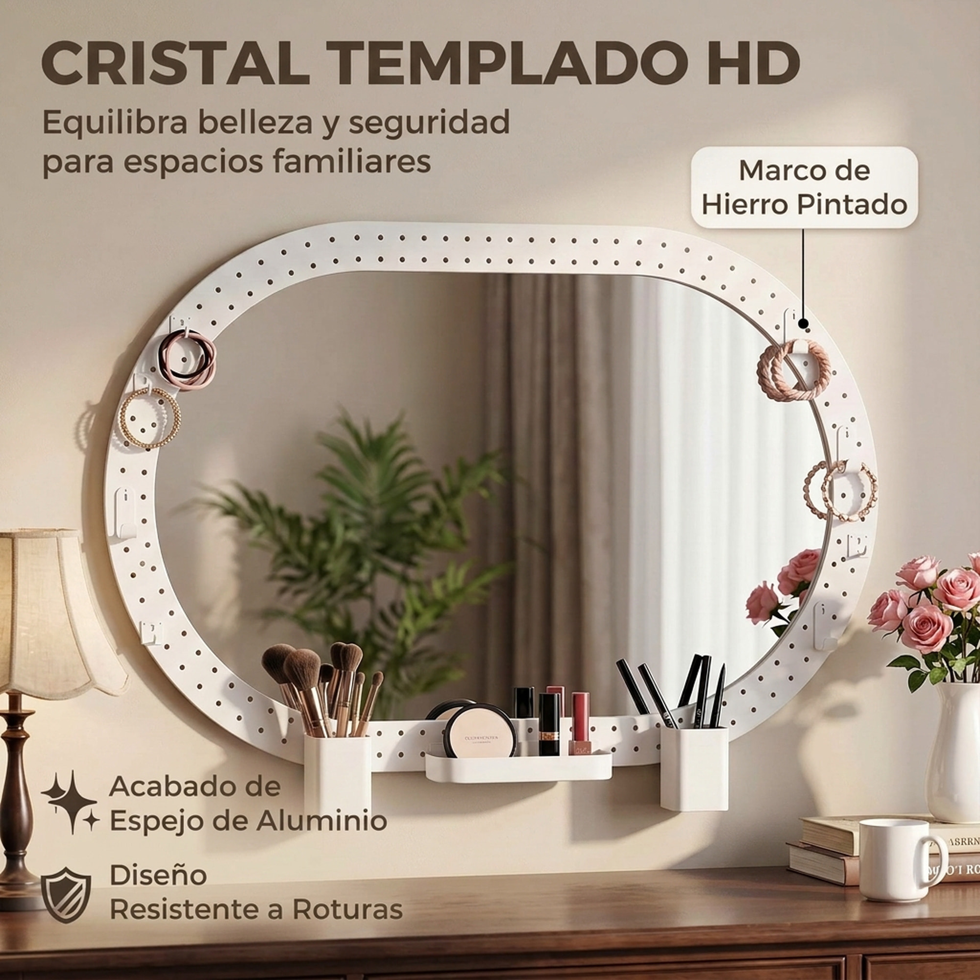 Espejo de Pared Ovalado 90x60 cm con Panel Perforado, Espejo Decorativo Pared para Salón, Dormitorio, Recibidor Entrada, Blanco