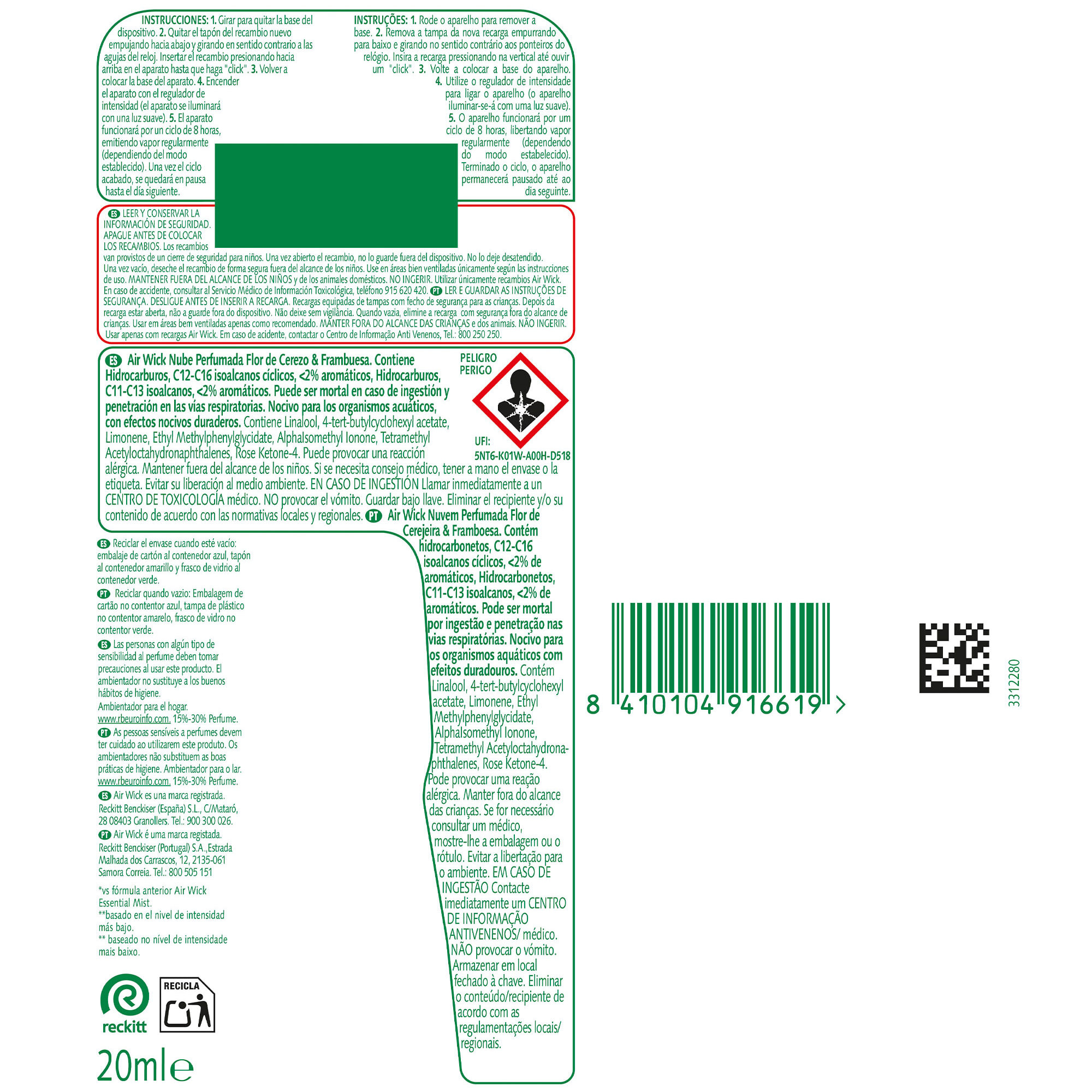 Air Wick Essential Mist - Ambientador difusor aceites esenciales para casa con aroma a Flor de Cerezo y Frambuesa - Recambio