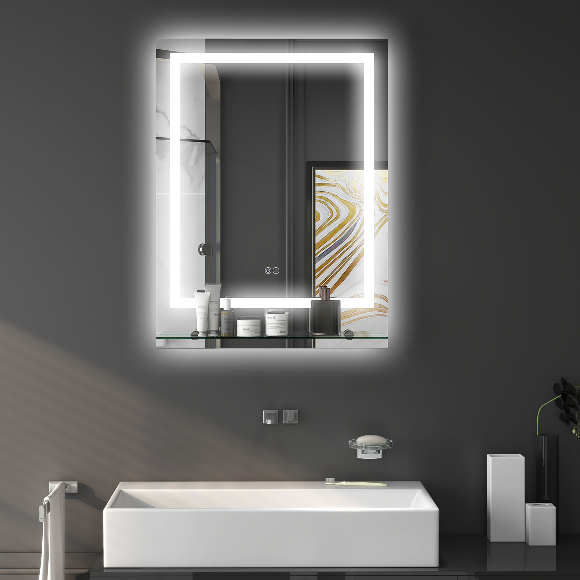 Miroir lumineux LED 29W antibué réglable interrupteur tactile étagère intégrée 50L x 14P x 70H cm