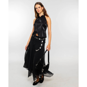 Falda midi en gasa con canesú y godets.