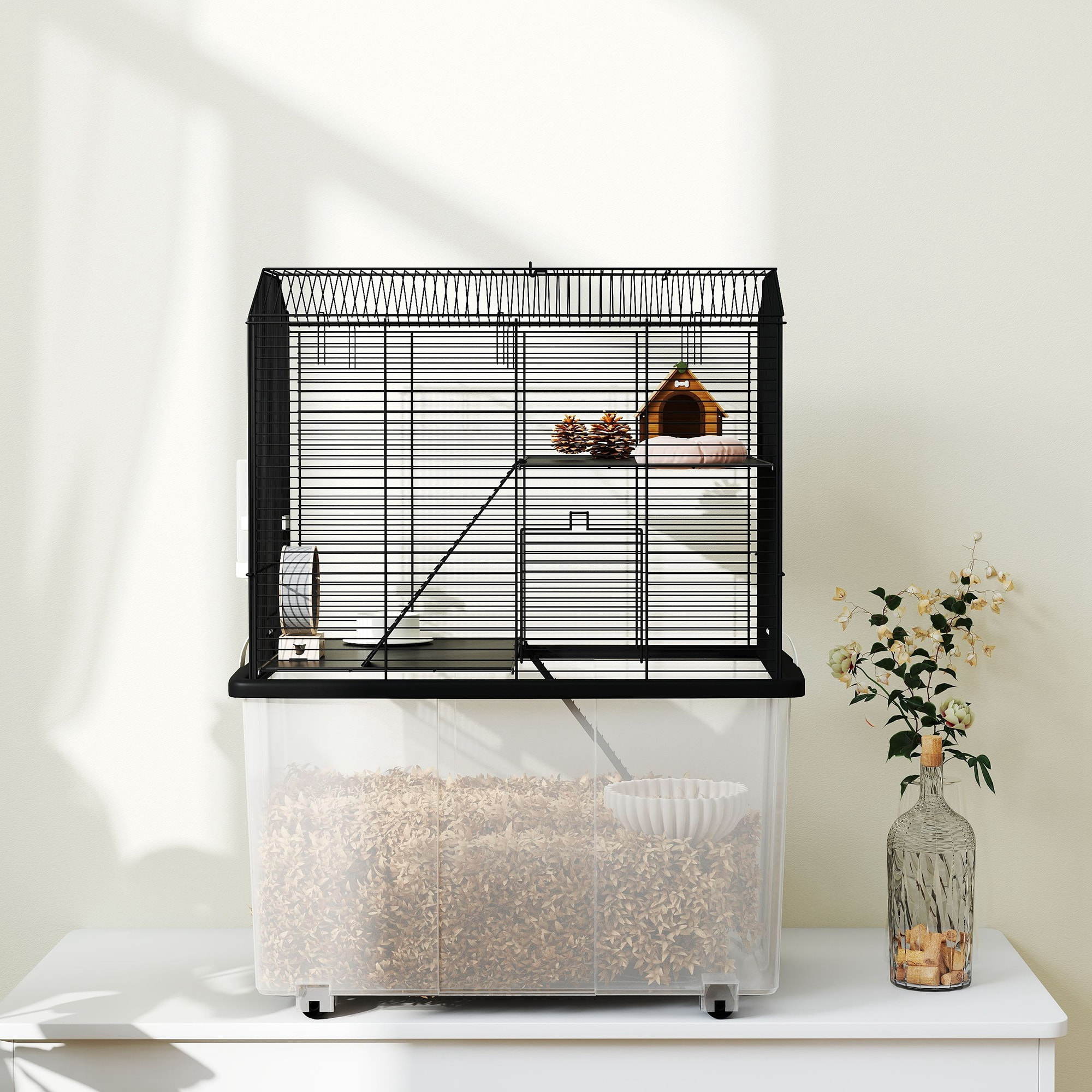 Cage rongeur hamster 3 étages - roulettes, plateforme, échelle, accessoires - PP transparent acier noir