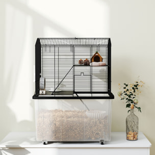 Cage rongeur hamster 3 étages - roulettes, plateforme, échelle, accessoires - PP transparent acier noir